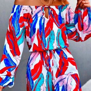 Tropical Print Tie Neck Lantern Sleeve Romper. New, Never worn. XL size 12
